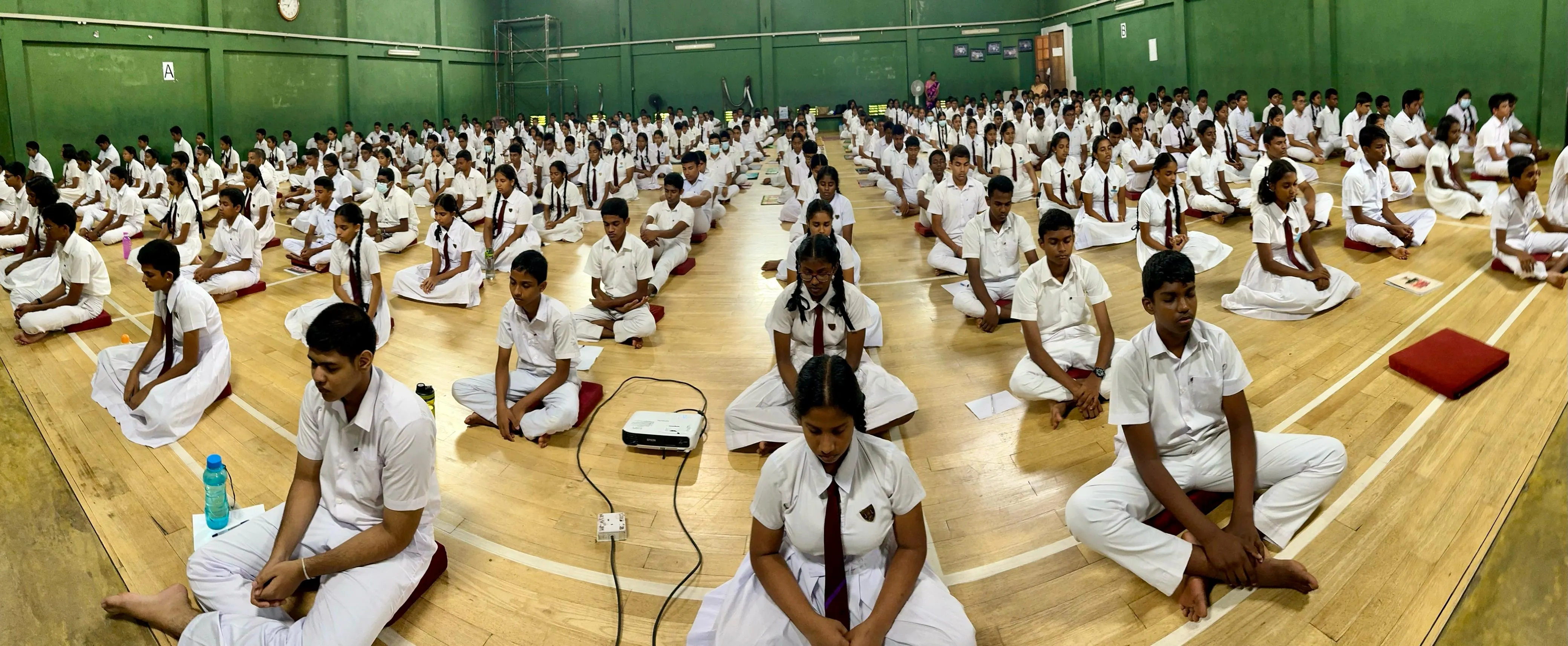 Students of Dharmapala Vidyalaya, Pannipitiya, during the mindfulness meditation session.