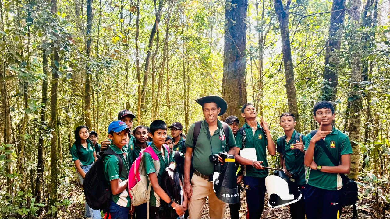 Nayana Pradeep and students during the exploration inside the forest.