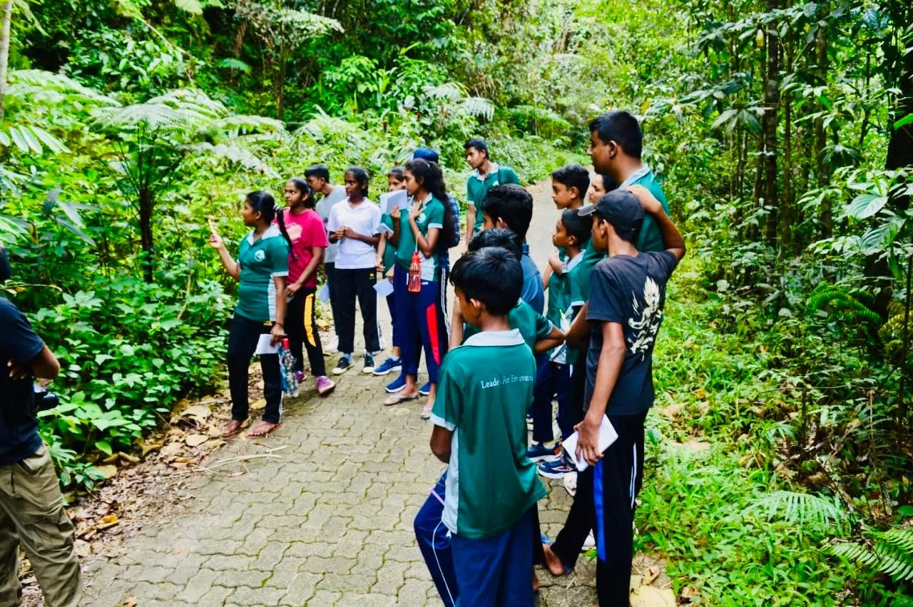 Students on a paved forest path during the workshop.