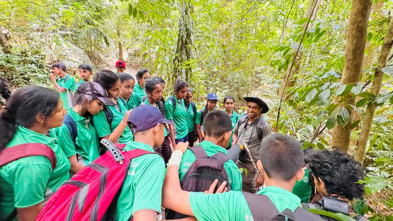 Students gathered around a guide on the trail through the reserve.
