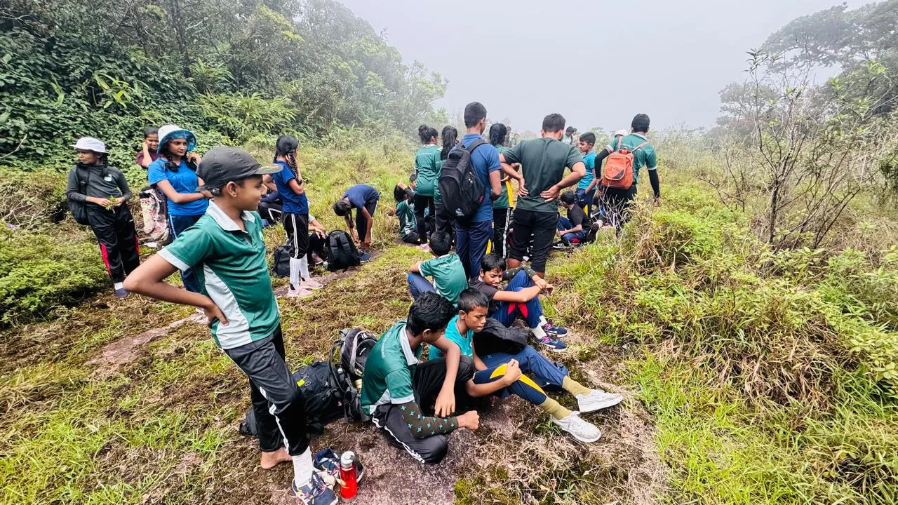 Students resting on a misty grassland during the field trip.