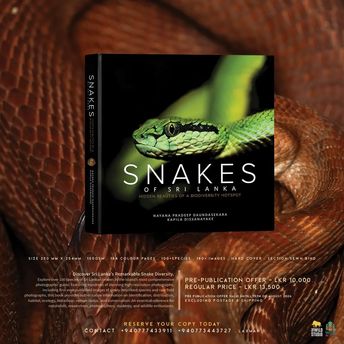 Promotional poster for “Snakes of Sri Lanka — Hidden Beauties of a Biodiversity Hotspot” by Nayana Pradeep Daundasekara and Kapila Dissanayake, showing the book cover on a coiled snake background.