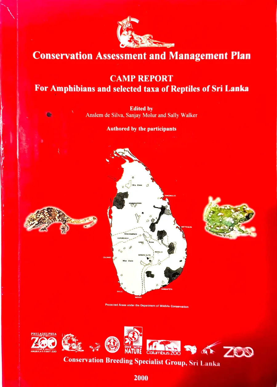 Front cover of the Conservation Assessment and Management Plan (CAMP) report for amphibians and selected reptiles of Sri Lanka (2000).